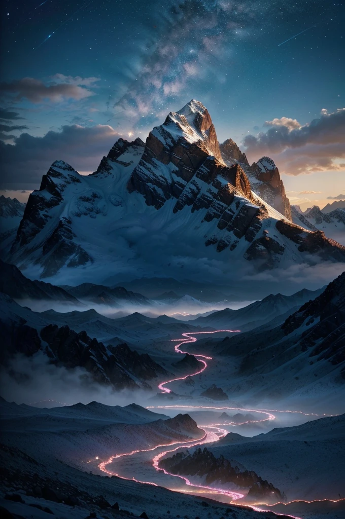: The terrain is made up of floating mountains that rise majestically towards the sky., its slopes covered in crystals that emit a soft, colorful light. Rivers of liquid light run between these mountains, creating a continuous flow of energy that appears to form complex geometric patterns.