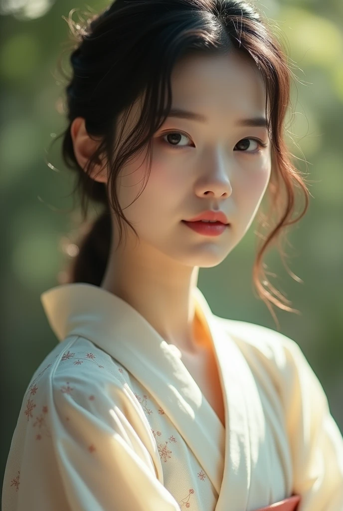 An elegantly dressed Japanese woman in natural light、A close-up of her chest and calm expression.、It shows her inner peace and outer charm.。