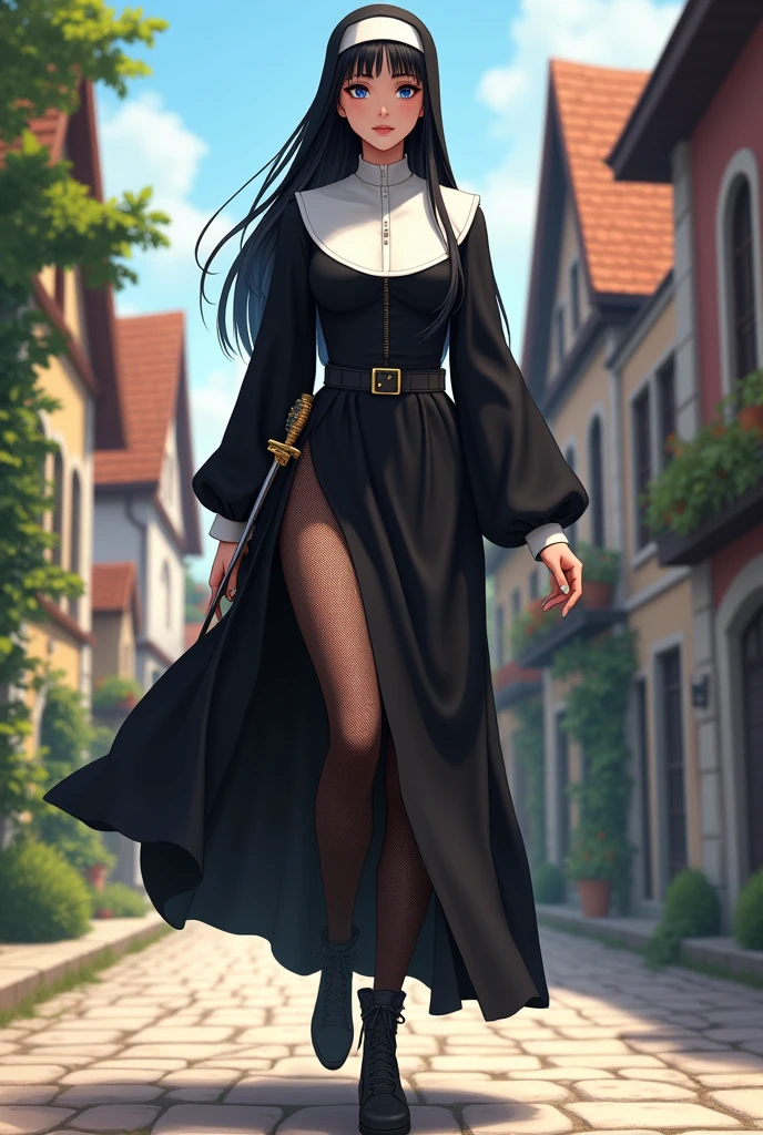 Young woman,Twenty-five years old, Beautiful face, long black hair, Wearing a tight nun costume, Closed body only, Revealing the arms, Reveal long legs, Wear black fishnet stockings., Big chest, Thin waist, Big butt, There is a sword at the waist., Walking in a central European village, Anime drawing style 2.5D