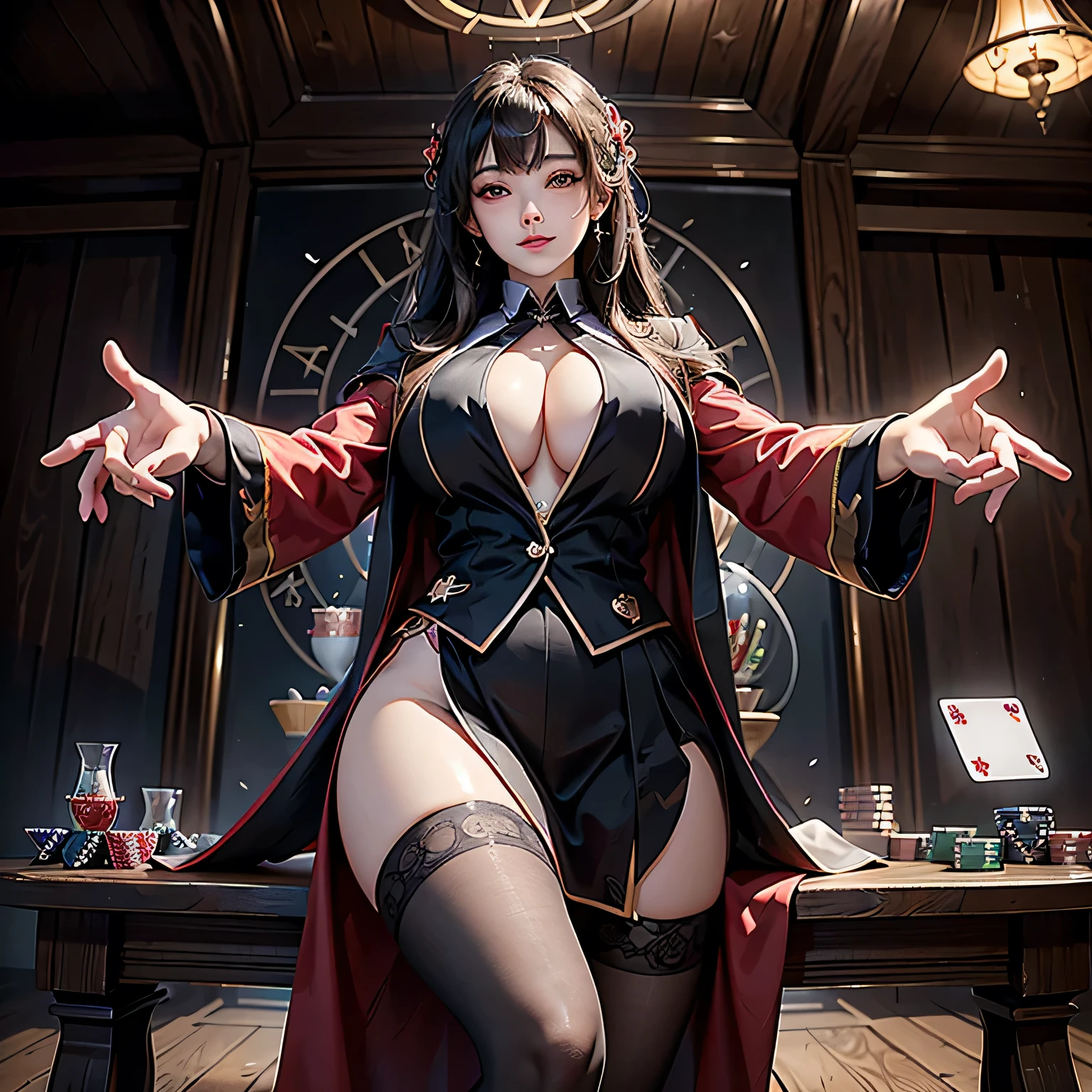 magic circle, RAW Photos、(Realistic)、(Super detailed)、(High resolution:1.37)、(masterpiece)、(Highest quality)、(8k)、(Ultra-Details)、Angle from below、(Perfect Anatomy:1.3)、(Beautiful Eyes)、Female gambler in school uniform playing card games、One girl、Watching the audience、A red blazer uniform with black collar and cuffs、Grey pleated skirt、Black ribbon tie、Black Pantyhose、Long straight black hair、bangs、Hime cut、(Super hourglass body type:1.3)、(Super big breasts pointing upwards:1.3)、Her eyes glow red when she plays games、Holding playing cards in hand、Correct fingers、Lots of playing cards、Stacked poker chips、Card game table、A confident smile、(blush)、Sexy acrobatic gambler pose、Movie Scenes、Concept Art、Kakegurui
