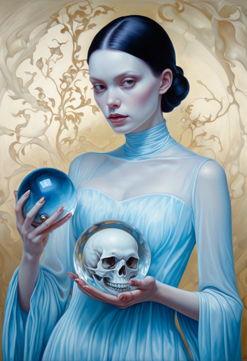 Painting of a woman holding a skull and a crystal ball, ghostly beautiful art, in pearl, High detail, Realistic skin, James Jean y Vlop, adrian borda, Carole Buck and Peter Morbacher, Complex heterochromatic sadness, James Jean and Peter Morbacher, James Jean and Andrey Ryabovichev, Jana Braik, Skeletal girl, Bipple y Jeremiah Ketner