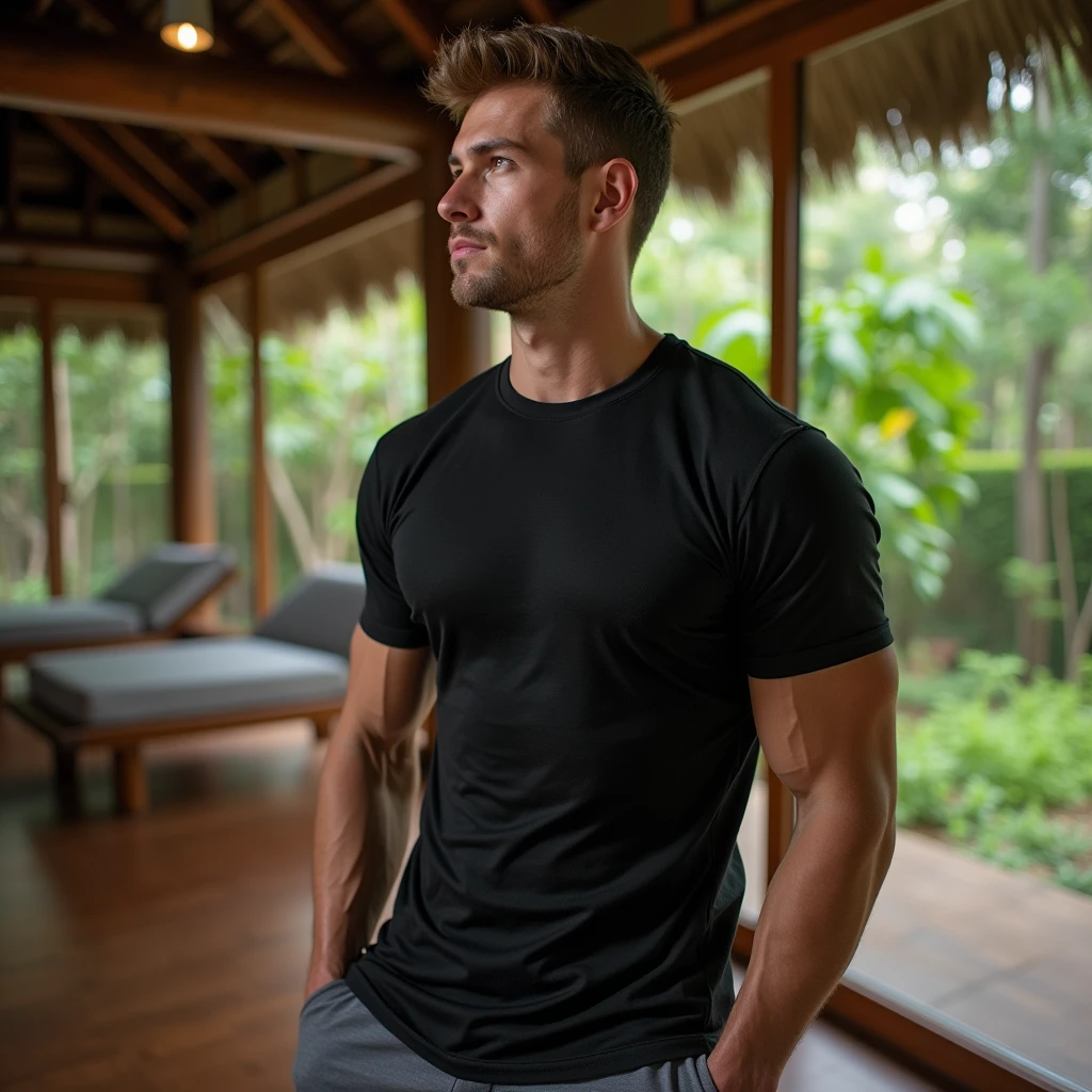 Located in a resort surrounded by nature、Male model at a personal gym wearing a black T-shirt,
