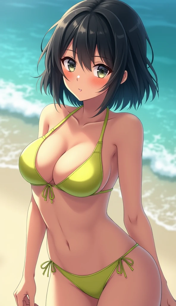 masterpiece, photo of fubuki, black hair, green eyes, short hair, with large breasts and a huge ass and wearing a sports bra on a beach with sunny weather, (wet skin and hair:1.5), (light skin), (sweating) ,(beautiful scenery),(perfect face), masterpiece, blush, 1girl, solo, smooth anime cg art, sexy pose, disgruntled expression