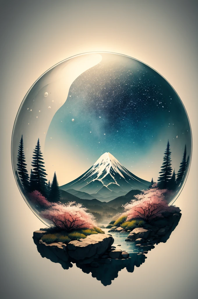 White Background, scenery, ink, Mountain々, water, wood high quality, masterpiece,Highest quality, masterpiece,"Bubble Realm Art,water晶玉,(((Inside the crystal sphere))),(Ultra Wide Angle), Inside the sphere,From behind,From a calm winter landscape, 雪に覆われたMountainの端に座っている女の子の美しさを捉える, Illuminated by the soft glow of the full moon. The starry sky above adds a touch of magic, The gentle dance of shooting stars adds tranquility to the scene."Xin Haicheng