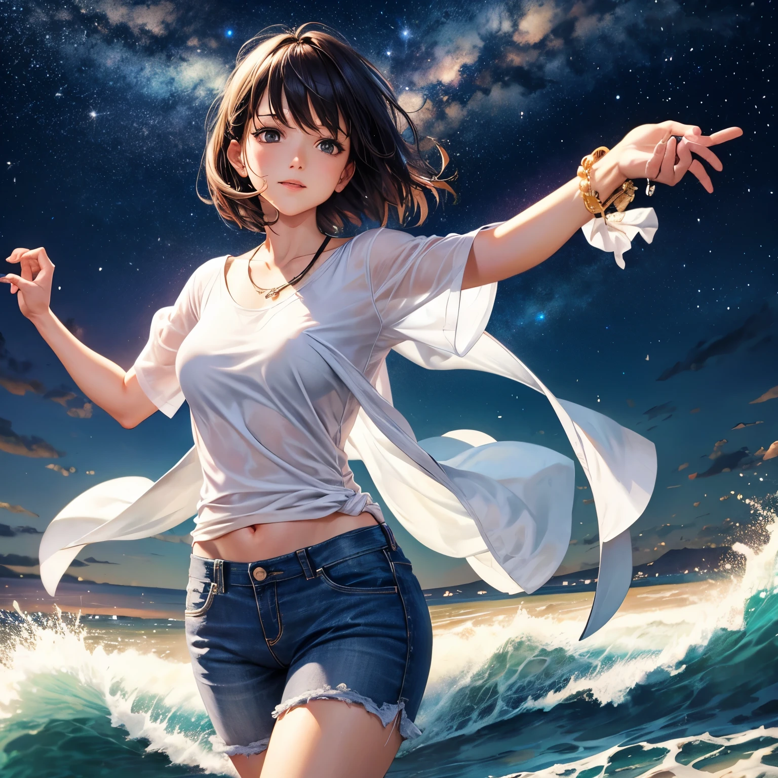 A woman dancing on the beach on a summer night. She is wearing a white shirt and jeans, with short hair. The background features a starry sky over the night sea, creating an atmosphere where you can almost hear the sound of the waves. In a realistic and high-quality style.