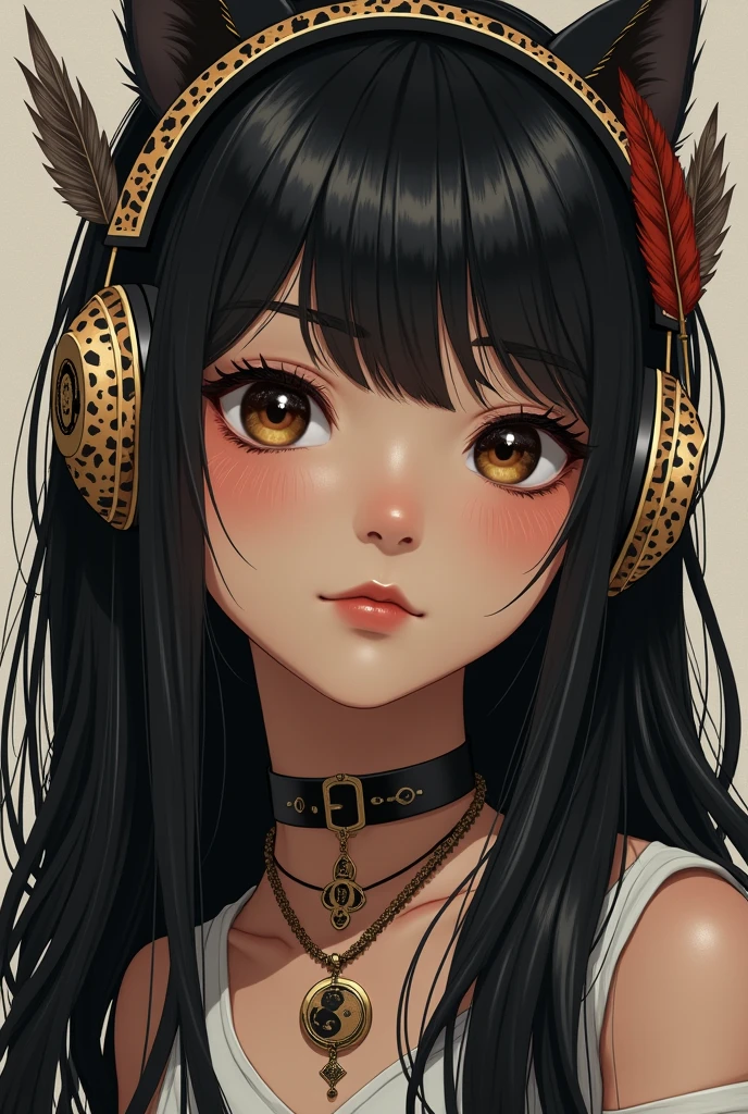 (photorealism:1.2), realist Asian-looking androgynous with dark brown skin, draw xy inside the left pupil, draw xx inside the right pupil,long, smooth hair in black and white and wearing a leopard pattern audio headset that has feathers and yin yang on one ear, strain on the right cheek the key of fa, strain on the left cheek the key of do, strain on the center of the front the key of sol, her cheeks are slightly round