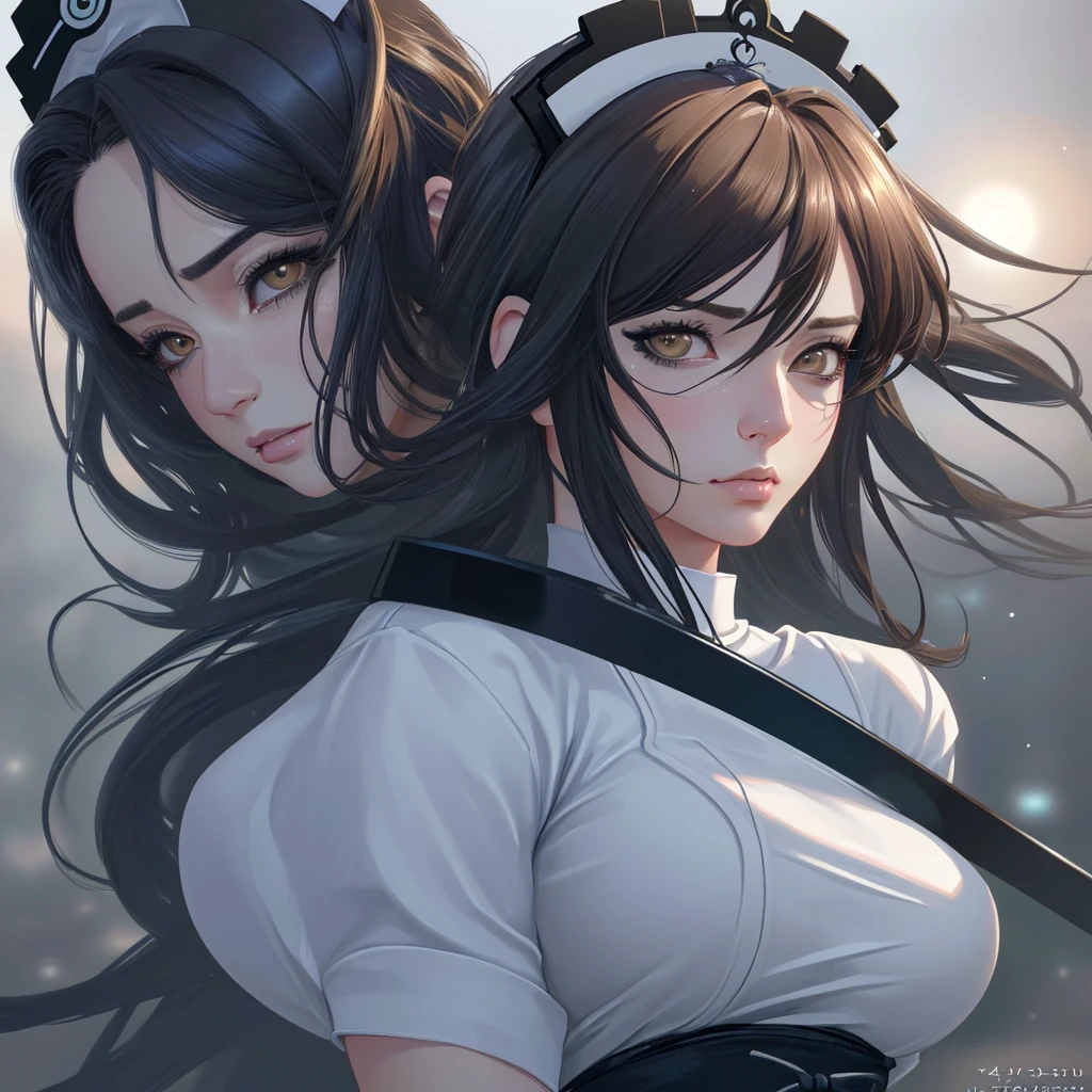 A beautiful detailed anime-style illustration of a tall, adult female nurse with a stern expression, semi-long hair, almond-shaped brown eyes, a crazed look, no headpiece, large breasts, a condescending gaze, animal ears, and dramatic eye makeup, (best quality,4k,8k,highres,masterpiece:1.2),ultra-detailed,(realistic,photorealistic,photo-realistic:1.37),vivid colors,HDR,UHD,studio lighting,extreme detail description,professional