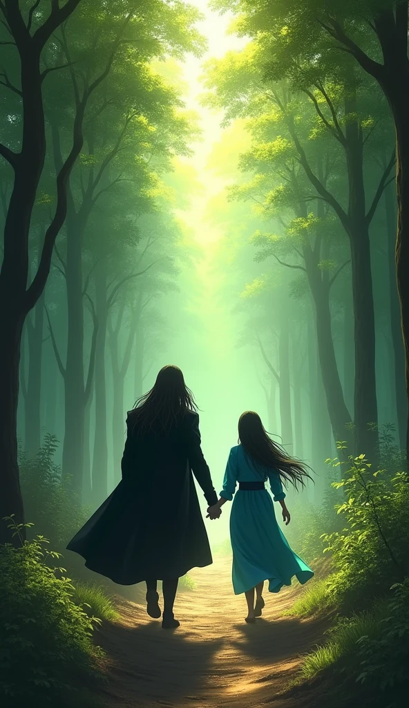 
In the scene where Vortex and Mirage depart from the Mysterious Forest, the two are depicted walking away with determined expressions on their faces. Vortex, with long hair in a black coat flowing behind him, and Mirage, in a blue robe, set out on a new adventure. The forest is receding. The sunlight shining through the trees reaches far, symbolizing the beginning of a new journey. ”