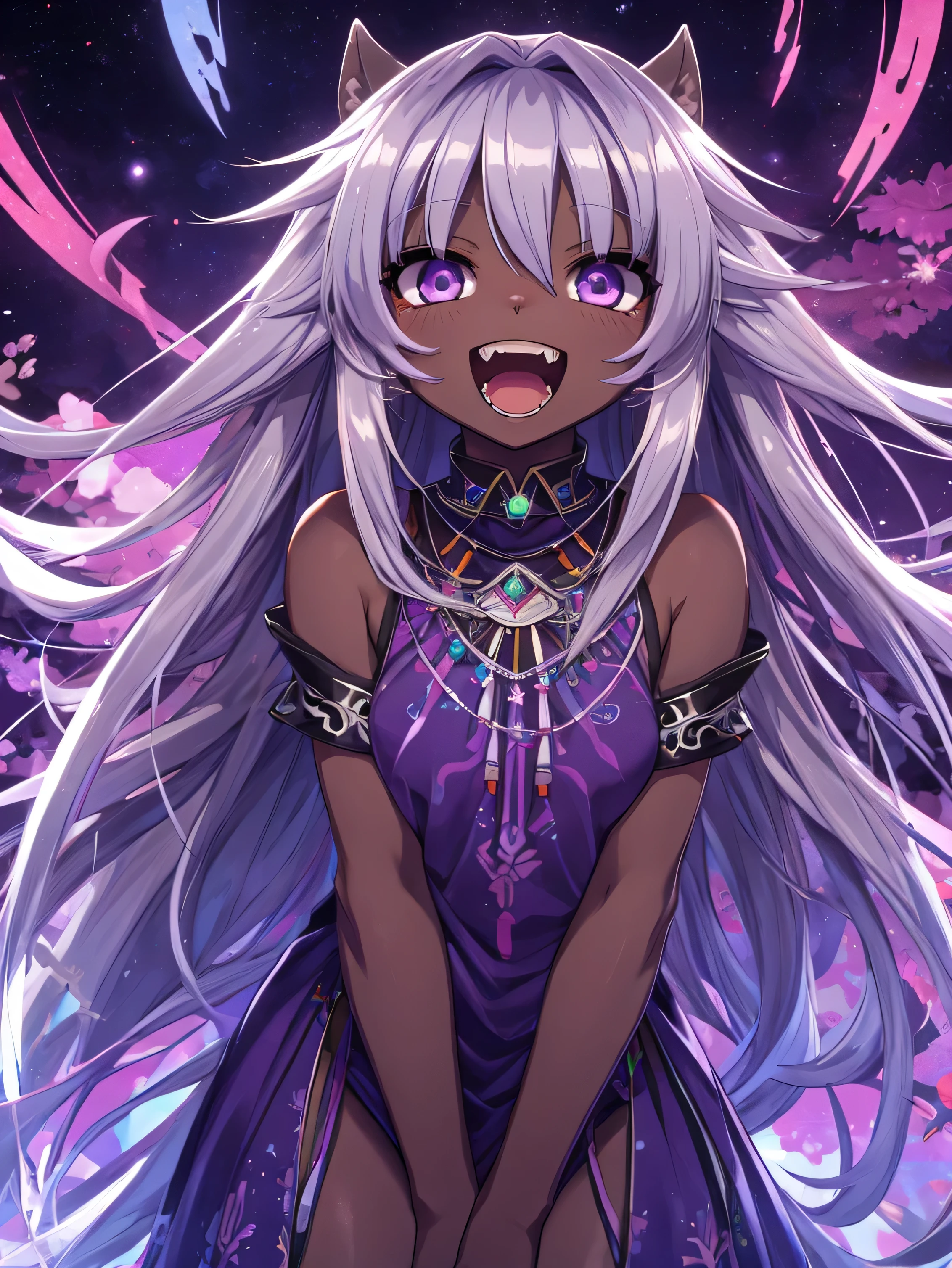 psychedelic,highest quality,highquality,HD,small female,open mouth,dark skin,anime,kawaii,long hair,messy hair,silver hair,purple eye,double teeth