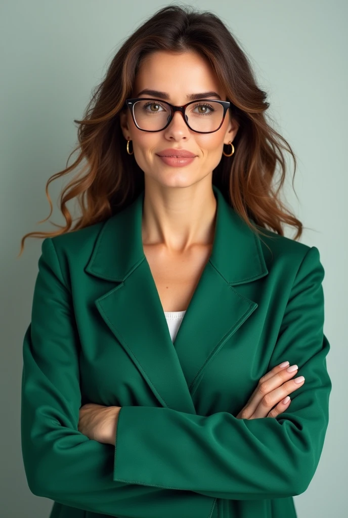 A woman in a green coat with her arms crossed, hair lightly (kac) wavy and long and brown eyes, and showing that he is an expert in eye health. Wearing small, thick gold earrings. wearing prescription glasses. That weighs more or less 90kg