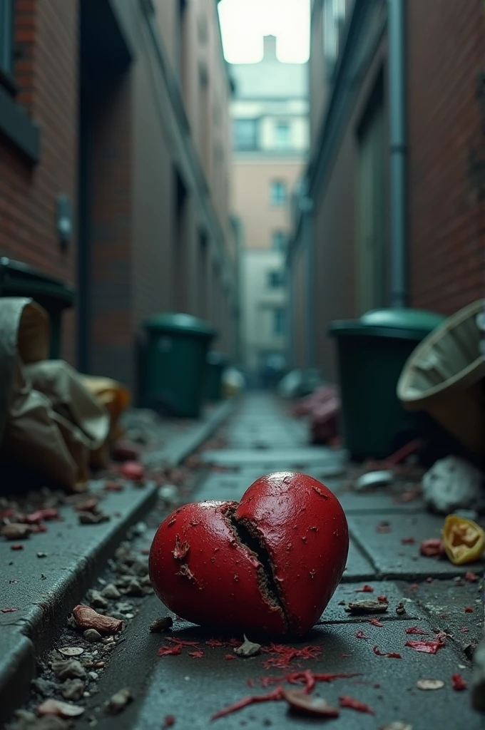 A heart thrown into a trash can in an alley