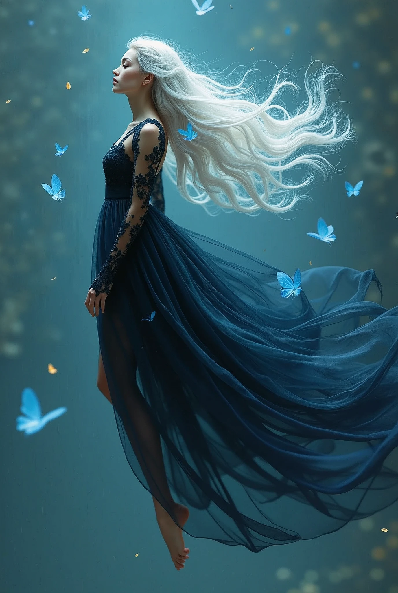 a glimpse of a woman in a black and blue dress, (((the woman floats gently, and her dress has long veils that move smoothly and multicolored fairies follow her))), white long hair, eyes locked, white eyelashes, bare feet,  highly detailed digital art in 4k, detailed digital art in 4k, 4k realistic digital art, 4k realistic digital art, stunning digital illustration, portrait beautiful science fiction girl, portrait of a science fiction woman, digital art 4k, The portrait of the cyberpunk girl, beautiful cyberpunk girl face, epic portrait illustration  