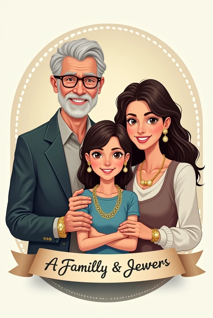I want a logo for a jewelry store that includes 3 people, 2 older and 1 who is their daughter, and the parents show watches, necklaces and earrings that they wear jewelry, right?