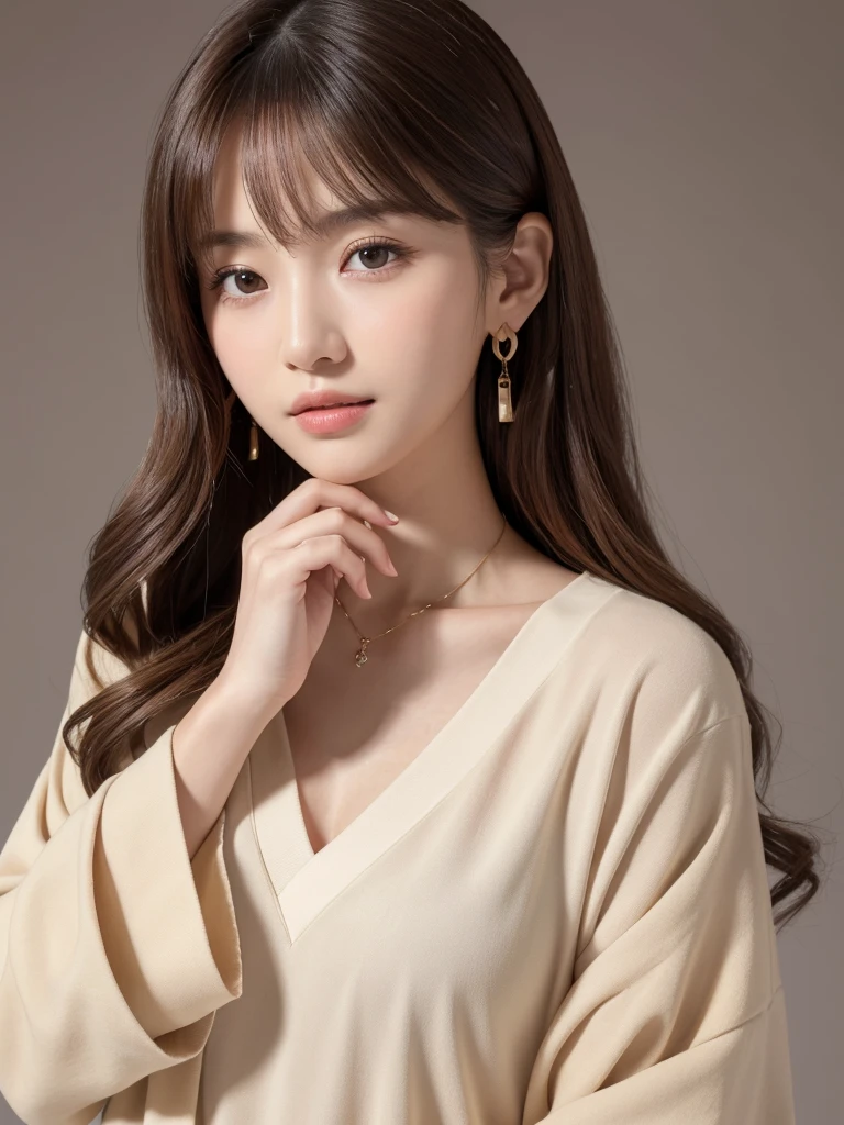  ((Highest quality, 8k, masterpiece:1.3)), concentrate: 1.2, Perfect body beauty: 1.4, Hips: 1.2, ((Long Hair, chest: 1.2)), (Dry clothes: 1.1) , (clear, Simple Background:1.3), Simple clothes: 1.1, Highly detailed face and skin texture,Delicate eyes, double eyelid, Whitened skin, Rough skin、Long Hair、bangs、Simple earrings、necklace、 solo、Beige coat、White shirt,  (((Beautiful girl with cute Japan)))、  ((Beautiful Japanese girl 20 years old))、 ((Baby Face))、 (((Slender body)))、  Upper Body，Face focus、necklace，Simple Background，From above， Realistic Hair、 A photograph was taken:Canon EOS R6、135mm、1/1250 seconds、f2.8、ISO400、(Detailed explanation of the hand)、(Masseter muscle area)、(Exquisite CG)、Long Hair, loose and curly hair、Korean Hair、Long Hair明るいベージュ色、グラデーションハイライトグレージュのゆるふわLong Hairスタイル、