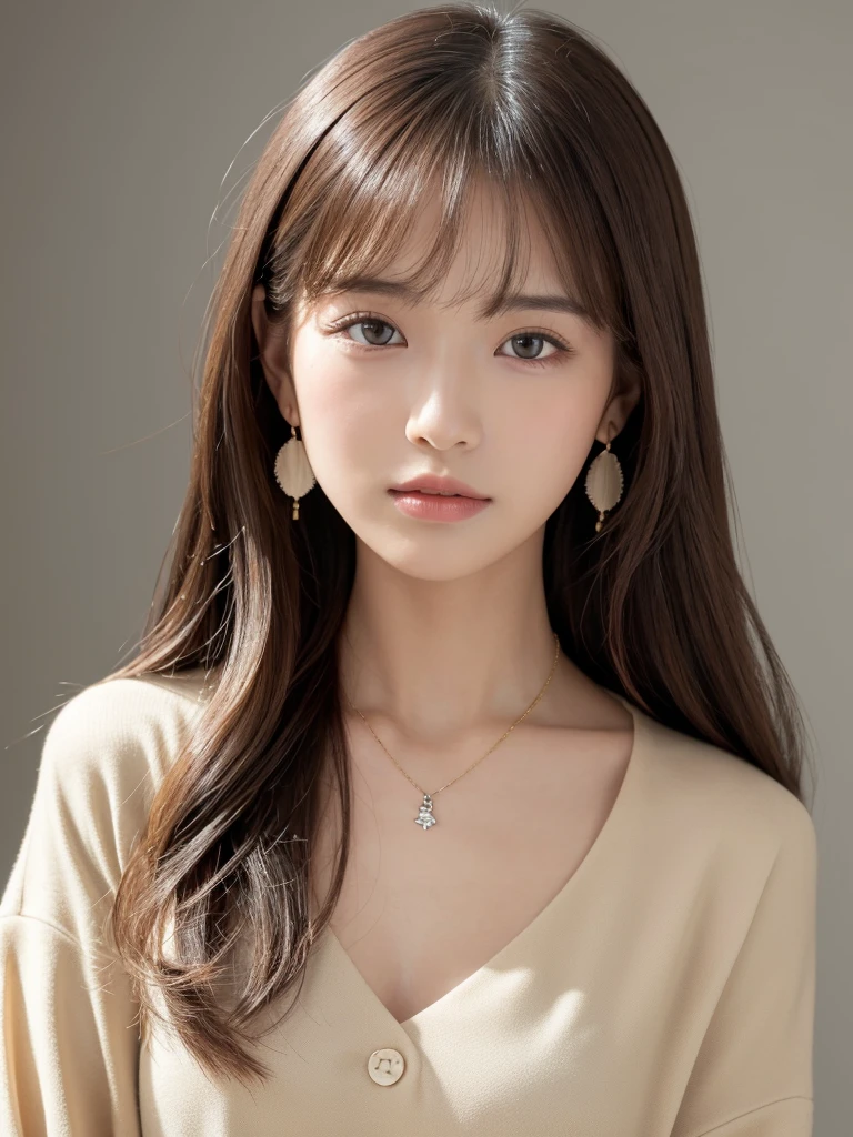 ((Highest quality, 8k, masterpiece:1.3)), concentrate: 1.2, Perfect body beauty: 1.4, Hips: 1.2, ((Long Hair, chest: 1.2)), (Dry clothes: 1.1) , (clear, Simple Background:1.3), Simple clothes: 1.1, Highly detailed face and skin texture,Delicate eyes, double eyelid, Whitened skin, Rough skin、Long Hair、bangs、Simple earrings、necklace、 solo、Beige coat、White shirt, (((Beautiful girl with cute Japan)))、 ((Beautiful Japanese girl 20 years old))、 ((Baby Face))、 (((Slender body)))、 Upper Body,Face focus、necklace,Simple Background,From above, Realistic Hair、 A photograph was taken:Canon EOS R6、135mm、1/1250 seconds、f2.8、ISO400、(Detailed explanation of the hand)、(Masseter muscle area)、(Exquisite CG)、Long Hair, loose and curly hair、Korean Hair、Long Hair明るいベージュ色、グラデーションハイライトグレージュのゆるふわLong Hairスタイル、