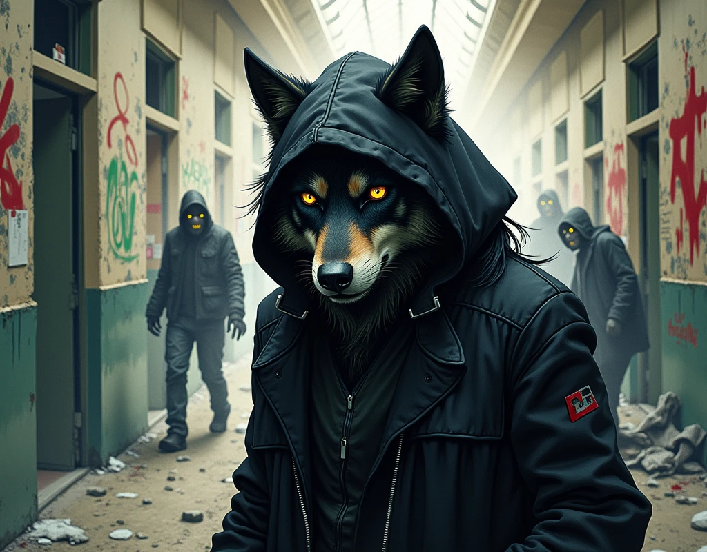 Create a graffiti style image of an anthropomorphic wolf with a mask, black coat and hood in a Hospital with zombies
