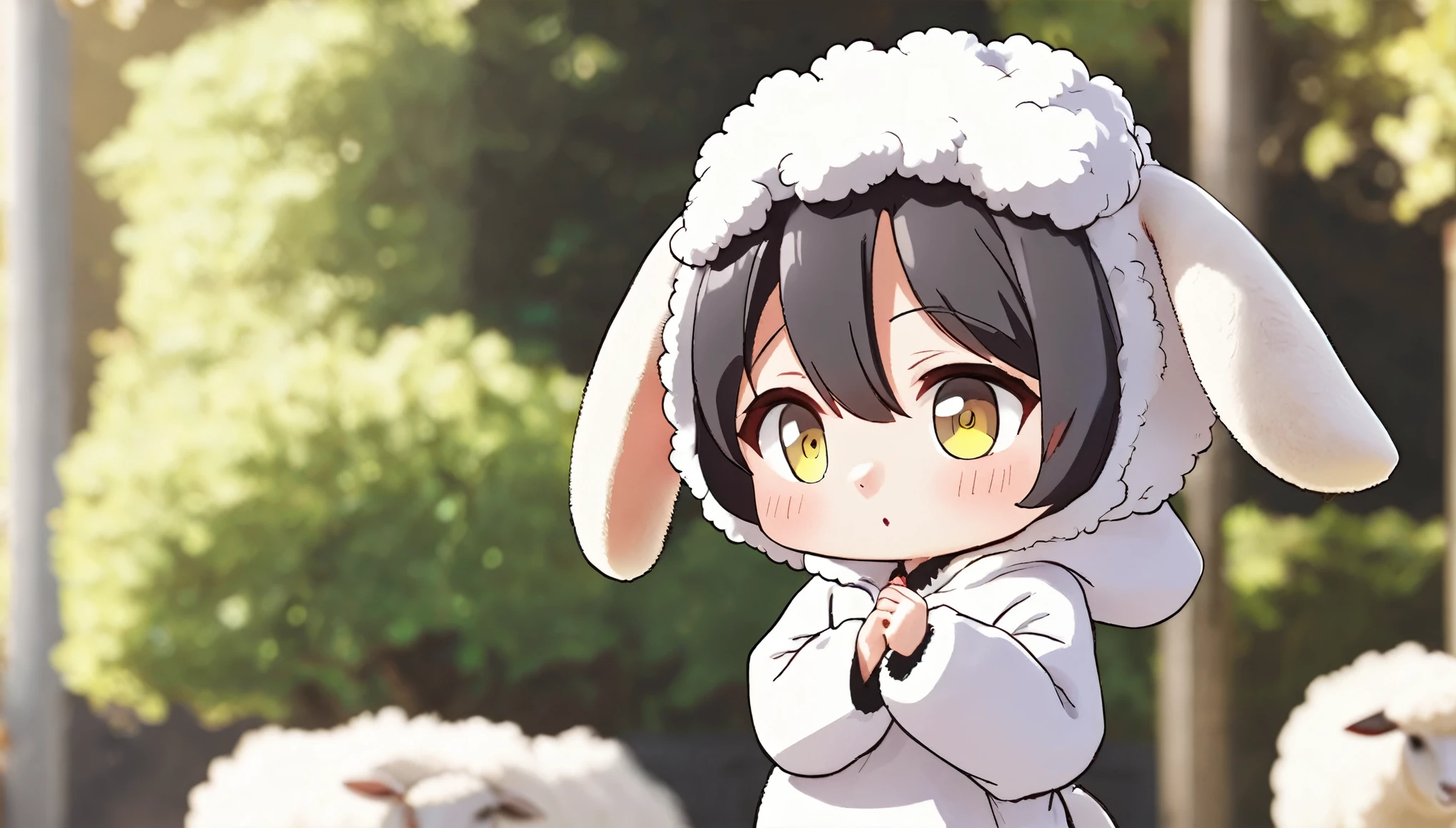 anime、A  in a deformed sheep costume、Cute pose、Taking a photo from the side