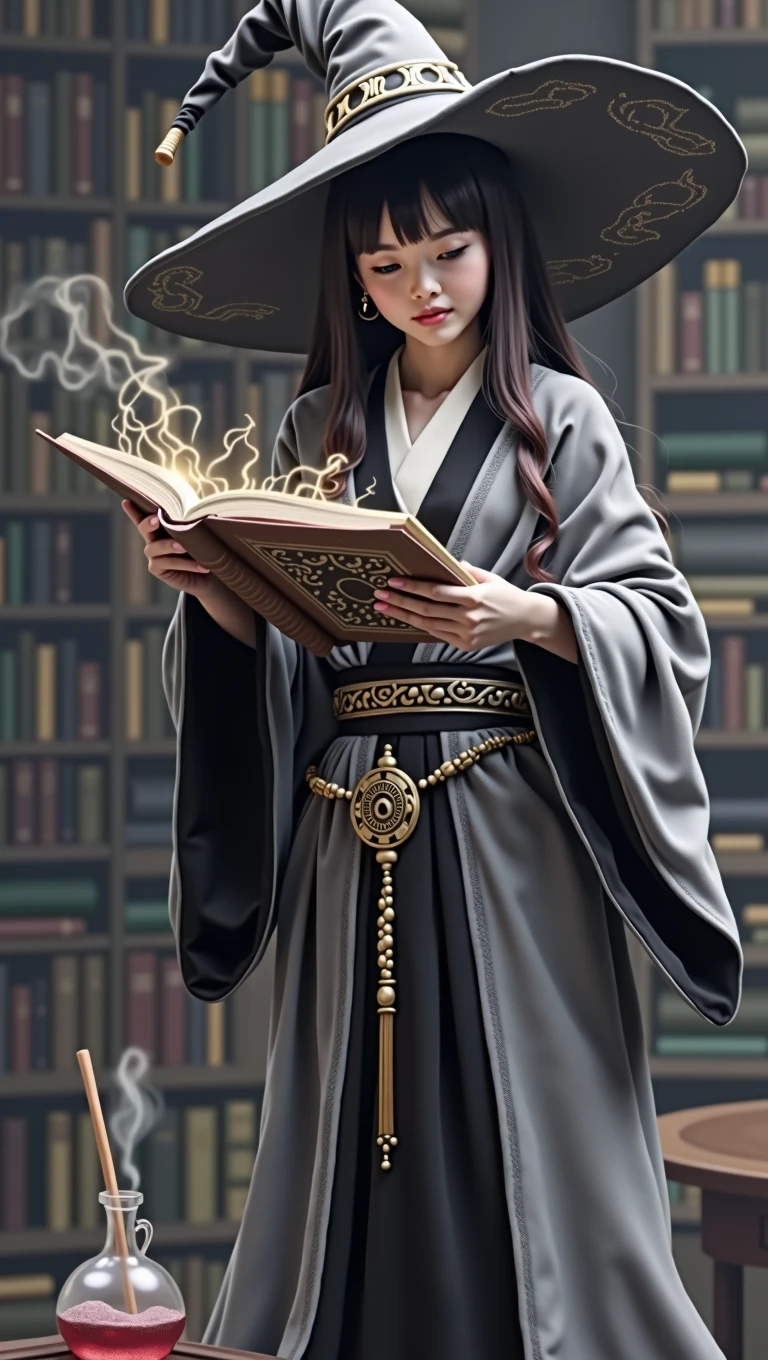 A young Asian witch wearing a gray and black witch outfit with a kimono and a pointy witch hat, She is holding a magic book and is in a room full of books and potions.. hyper realist.