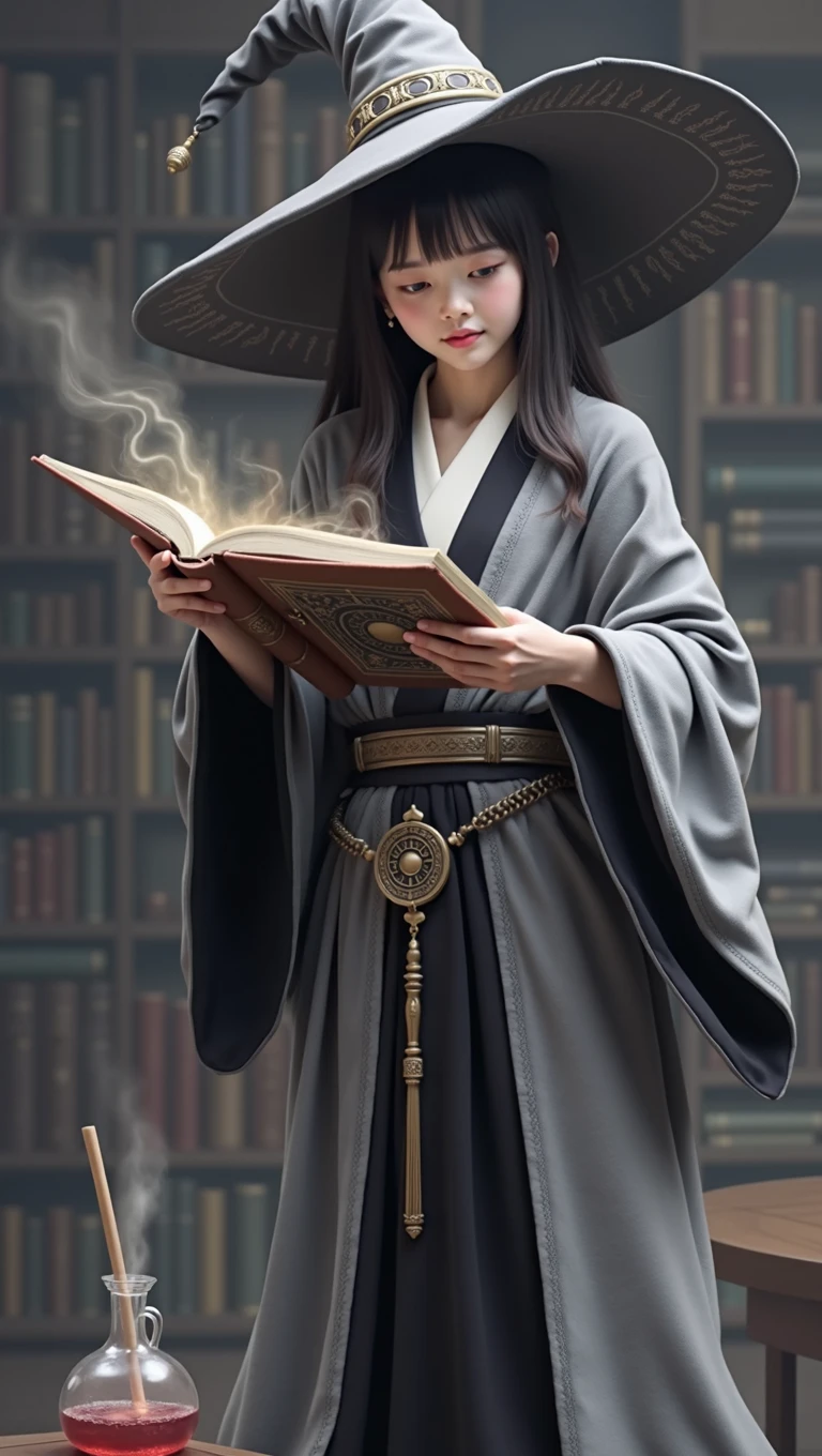 A young Asian witch wearing a gray and black witch outfit with a kimono and a pointy witch hat, She is holding a magic book and is in a room full of books and potions.. hyper realist.