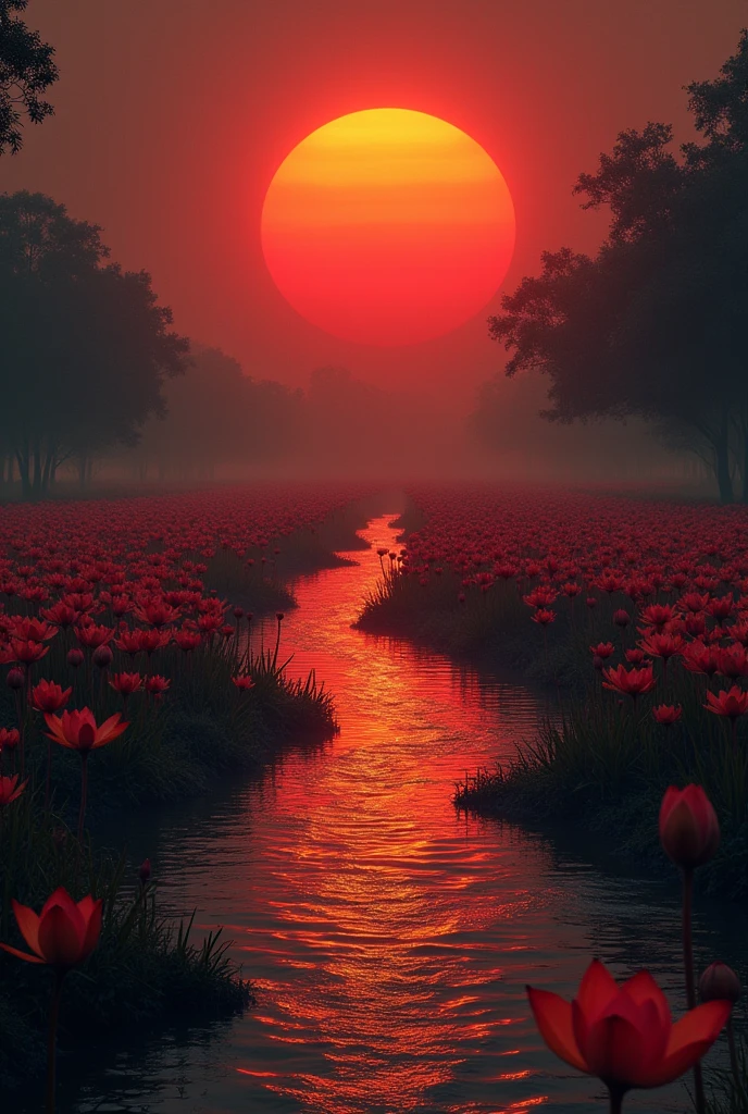 an effervescent reddish yellow river with waves, seamed by endless fields of giant waterlillies with very long necks under a dark red sun in a dark gloomy atmosphere