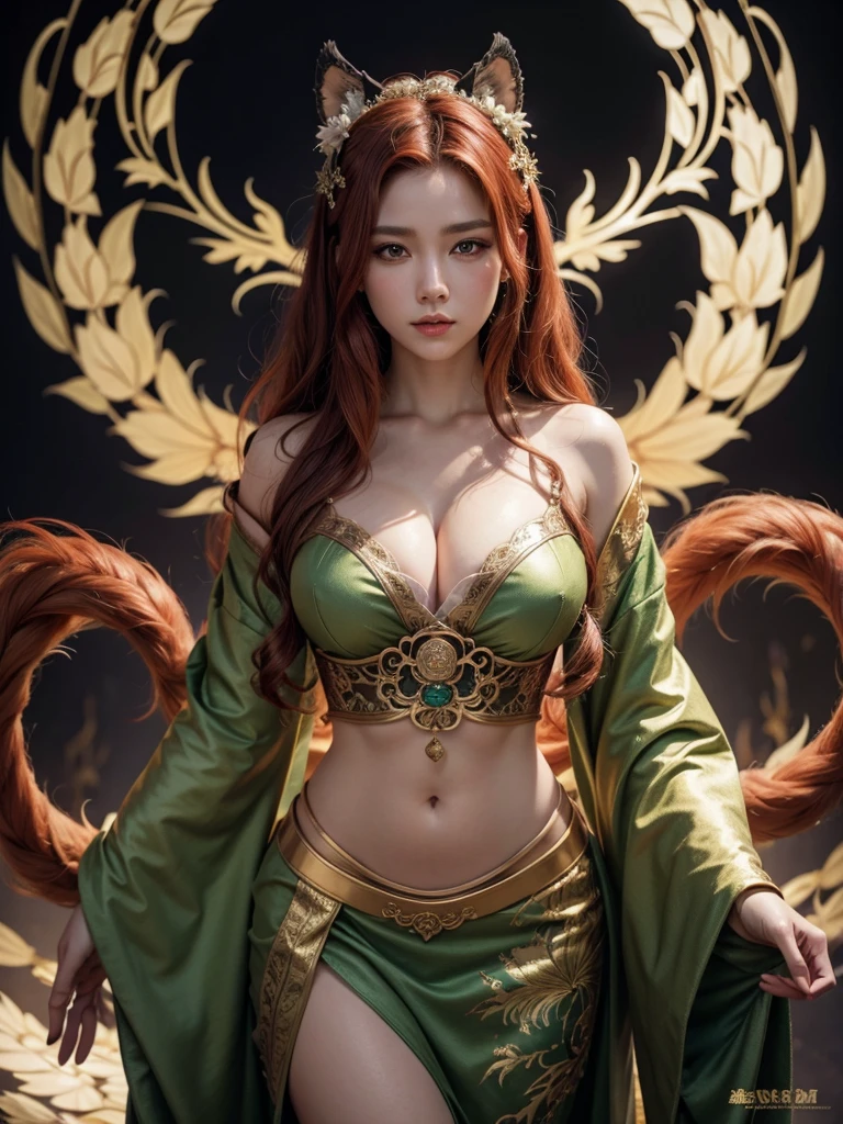 a beautiful detailed japanese kitsune, wavy red hair, green eyes, extremely large bust, wide hips, white kimono with gold details, nine-tailed fox, intricate details, highly detailed, fantasy art, digital painting, vibrant colors, cinematic lighting, photorealistic, masterpiece, 8k, HDR