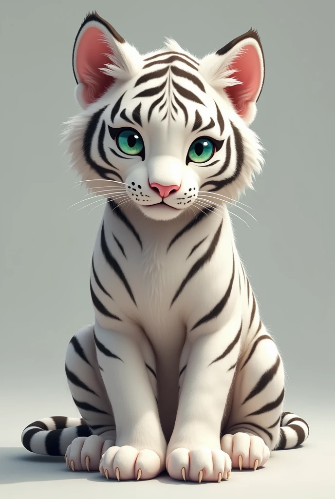 No General Description Species: White Tiger Age: 15 years Appearance: Sem is a young white tiger with distinct black stripes running across his body.. Its coat is soft and well defined., with stripes that are visibly contrasting against its white body. He has an expression that mixes caution and seriousness., reflecting his protective and reserved character.
Body Head and Face Details: Sem has a face with soft and expressive features. Their eyes are large and a light green or blue hue., with slightly arched eyebrows, indicating its protective nature. The muzzle is delicate and its nose is small and black.. the mouth is thin, and his expression is generally serious, but may show a slight softness when interacting with Som or Aunt Lu.
ears: their ears are pointed, with light pink inside. They have a slight rounding at the ends and are slightly tilted forward., indicating attention.
Body and Posture: Sem has a slim and athletic body, with well defined muscles, especially on the arms and legs. He is agile and moves with natural grace., suitable for your parkour skills. Their posture is usually upright and confident, but may lean slightly when taking care of Som.
patas: Their paws are strong and agile, with retractable claws that are visible when he is in action. The underside of the paws is a pale pink shade..
Pajamas: For the first day of school, Without wearing simple pajamas, perhaps with a pattern of vertical stripes in light and dark tones. The pajamas are comfortable and loose, allowing freedom of movement.
Workout Clothes: When training, he wears dark sportswear, like a tight t-shirt and sweatpants. The clothes are practical and allow for wide mobility.