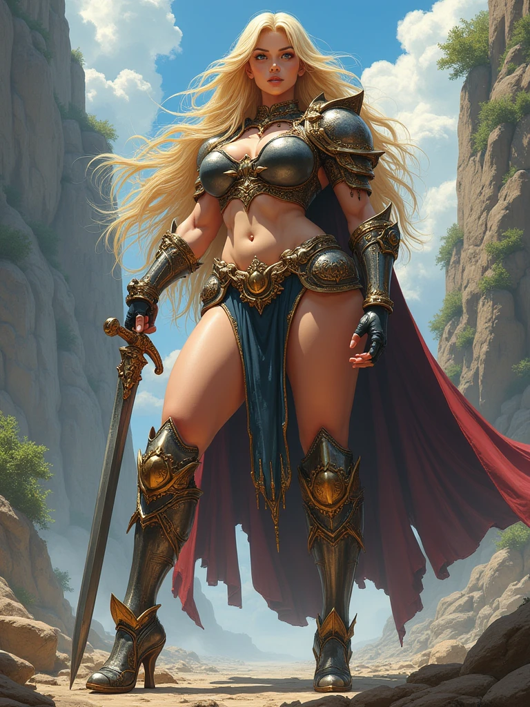 attire, Very long blonde hair fit Woman wearing amazin armor, Womanly, impossibly small tiny waist abs waistline, circumference of lower extremities far exceeds 80 inches hips, huge breasts, she has massively immense hip measurements, with the largest fit buttocks, location: Dragon's Crown first kevel, intense detail, bold leggings, semi realistic anime style, A bottom-heavy, superior body part, voluptuous lower fit body, feminine figure, portraits, Reductionist form, mujercore, bold lines, an Inferior Physical Goddess