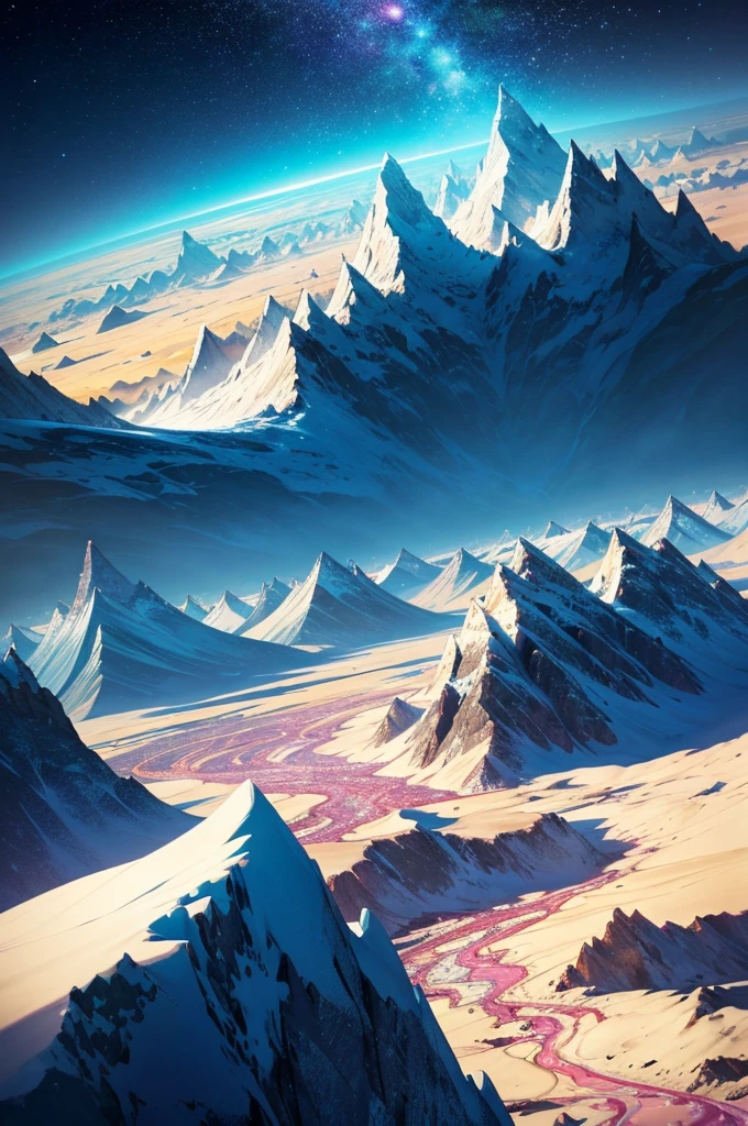 : The terrain is made up of floating mountains that rise majestically towards the sky., its slopes covered in crystals that emit a soft, colorful light. Rivers of liquid light run between these mountains, creating a continuous flow of energy that appears to form complex geometric patterns.
