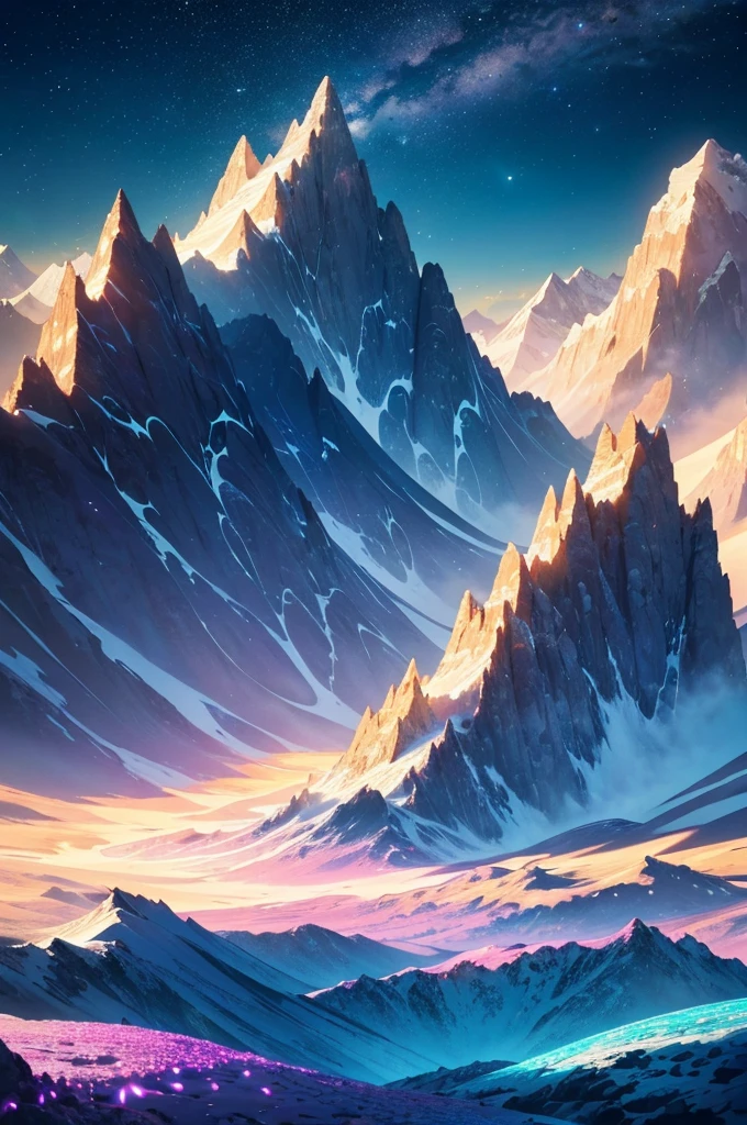 : The terrain is made up of floating mountains that rise majestically towards the sky., its slopes covered in crystals that emit a soft, colorful light. Rivers of liquid light run between these mountains, creating a continuous flow of energy that appears to form complex geometric patterns.