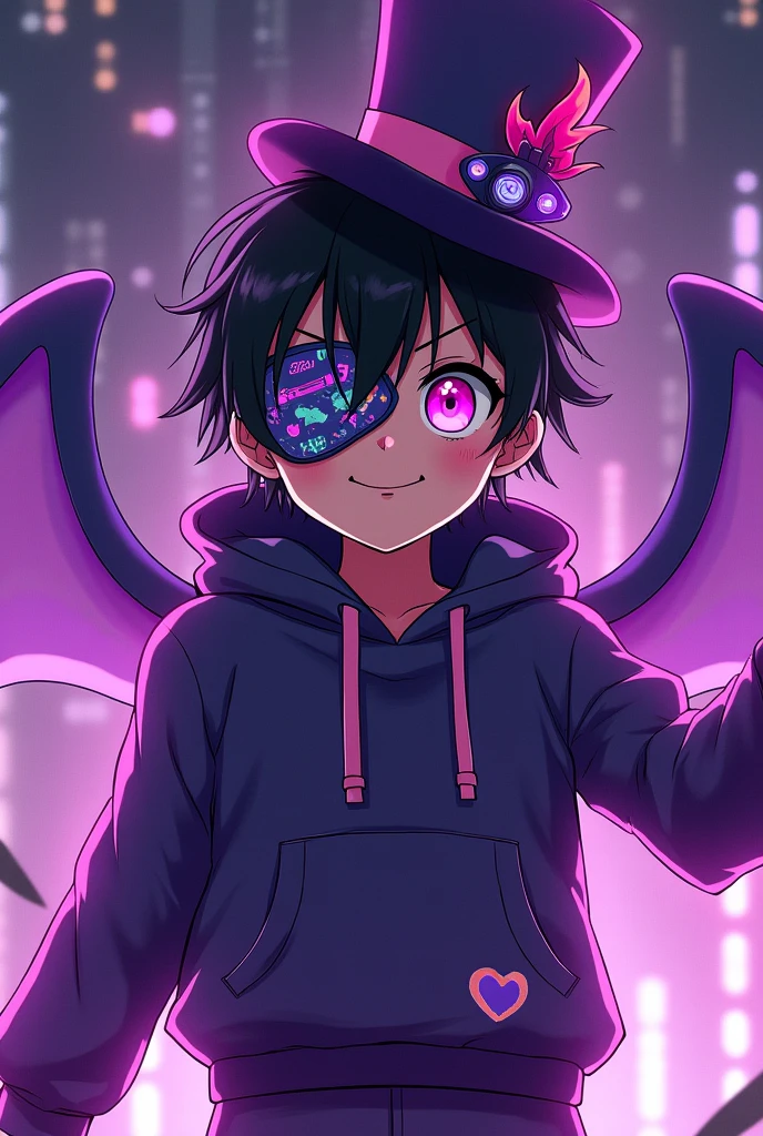 An anime character with black hair and brown skin. One of his eyes is pink and the other is purple. One of his eyes is covered by a sleeping mask with a video game print. On his head, in the right corner, there is a purple top hat with a pink ribbon on his face. On his boxers, there is a purple heart mark. On his left ear, there is a device that is shaped like a fire and is purple and pink. His outfit is a sweatshirt and pants and super futuristic wings, all with purple and pink color palettes.