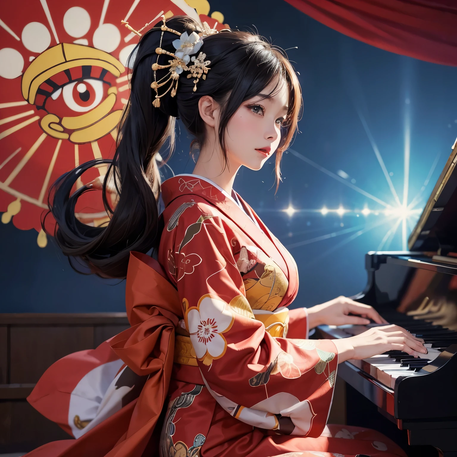 Create an illustration of an anime-style character who is sitting at a grand piano, playing the keys. The character should be positioned so that their side profile is visible, clearly showing them engaged with the piano. The character should be wearing a colorful and vibrant furisode (a type of traditional long-sleeved kimono). The color palette should be bright and pop, creating an energetic and cheerful atmosphere. Additionally, the character’s hairstyle should be styled in an oiran (traditional courtesan) fashion, which typically includes elaborate hair ornaments and a sophisticated updo. Ensure that the character’s hands are accurately and naturally positioned on the piano keys, with detailed and proportionate fingers. The character’s eyes should be expressive and well-aligned, reflecting joy and immersion in the music. The overall image should exude a lively and dynamic vibe. The background can complement the character with equally vivid and playful colors, perhaps including musical notes or other elements that emphasize the musical theme. This illustration should be eye-catching and full of life, capturing the essence of a vibrant and engaging scene.just 1 girl.anime style.