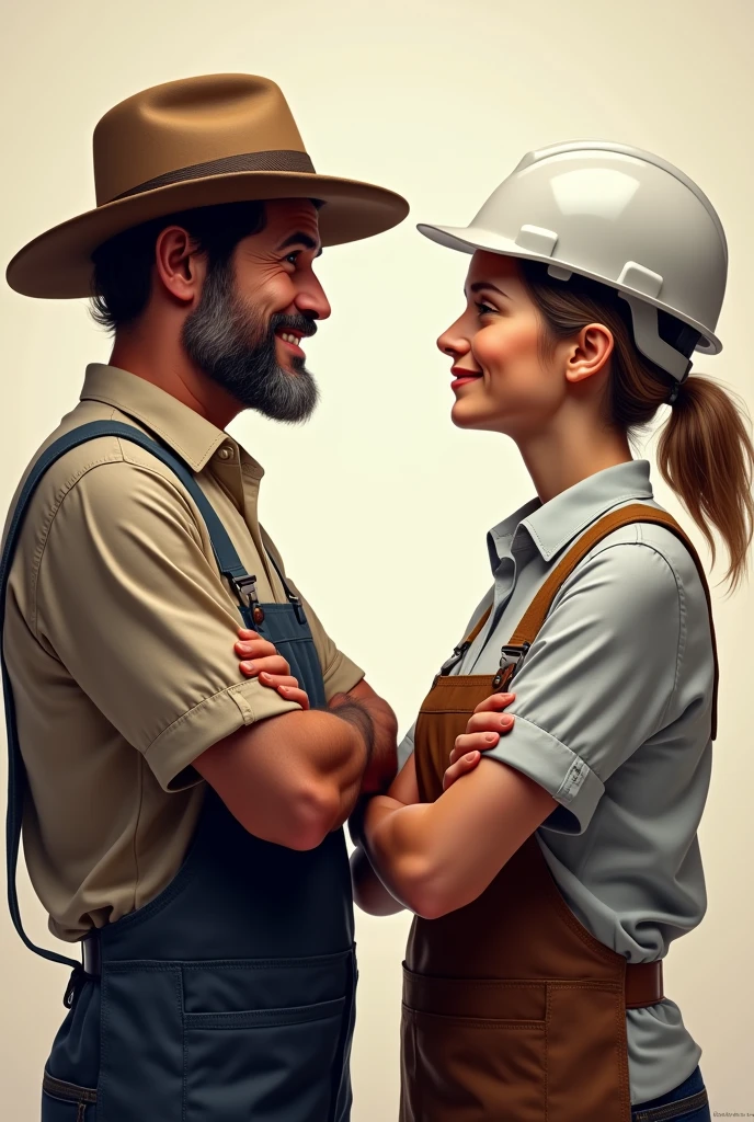 2 people smiling with arms crossed, a farmer with a hat and an industrial engineer with a white helmet and apron. both in profile.