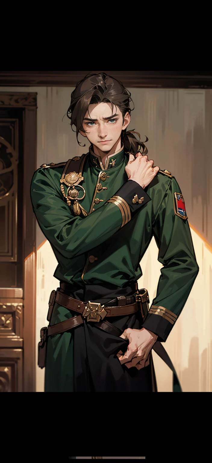 male、good looking、masterpiece、knight、soldier、Emerald green、Light brown hair、Wavy Hair、Hair up to the neck、Not too long hair、Cool look、A balanced body、アニメ調、アニメ、40 years old、Thin beard、mature、Staying calm、Astringent、Thin beard、Before male、Male-like、Image above the chest、Highest quality、Character Design、Not young、Western film、A little smile、Western film style、Western film-style clothing、Black military uniform、soldier、Europe、antique、uncle、Old man、Middle-aged male、Medium Hair、Medium Bob、Astringent atmosphere、Lowered hair、Sadness、High resolution,