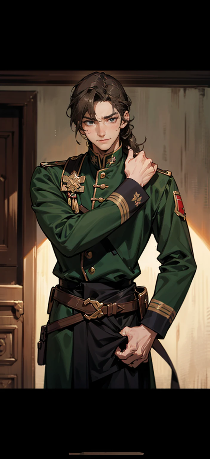 male、good looking、masterpiece、knight、soldier、Emerald green、Light brown hair、Wavy Hair、Hair up to the neck、Not too long hair、Cool look、A balanced body、アニメ調、アニメ、40 years old、Thin beard、mature、Staying calm、Astringent、Thin beard、Before male、Male-like、Image above the chest、Highest quality、Character Design、Not young、Western film、A little smile、Western film style、Western film-style clothing、Black military uniform、soldier、Europe、antique、uncle、Old man、Middle-aged male、Medium Hair、Medium Bob、Astringent atmosphere、Lowered hair、Sadness、High resolution,