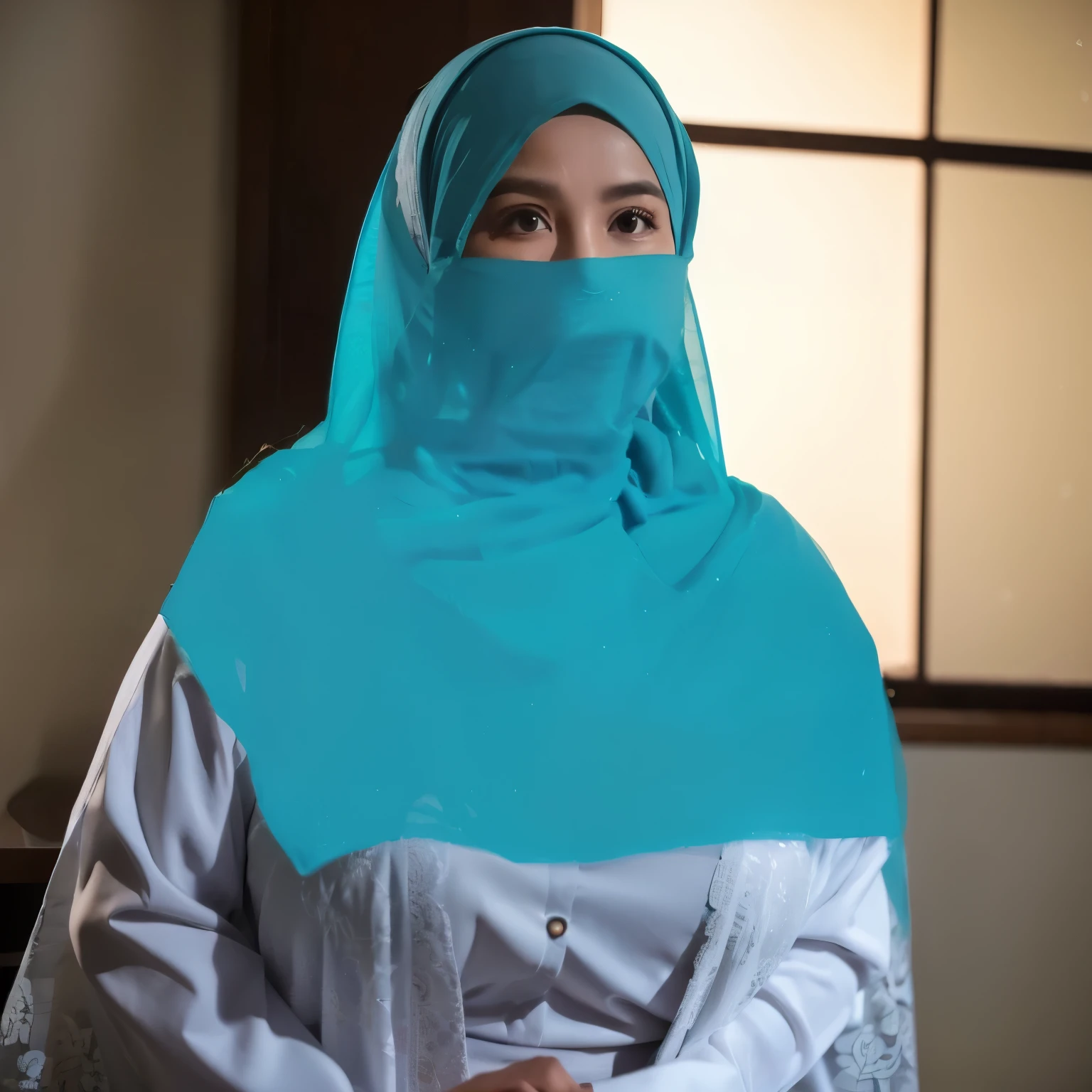 50 years Old, Hijab Indonesian mature woman, Big Tits : 66.9, Gamis, Breast out from her clothes : 1.9, at doctor office, Dark light, at Nighttime