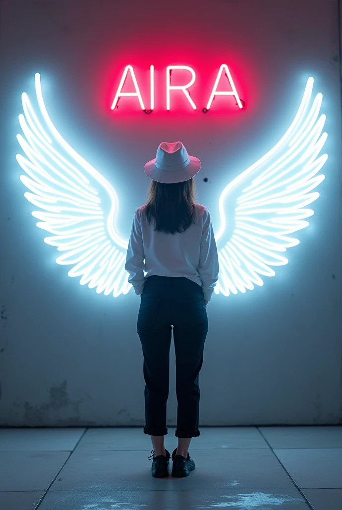 In this striking and futuristic scene, a mysterious girl stands confidently in front of a dazzling neon wall. Individual casual wear – white sweater, white hat, black pants, and black shoes – contrasting with the bright white neon wings, placed symmetrically on both sides of the image. The bold red neon quote “AIRA” adds an inspiring touch to the composition.. The floor is made of tiles which reflect the greyish color of the walls.,