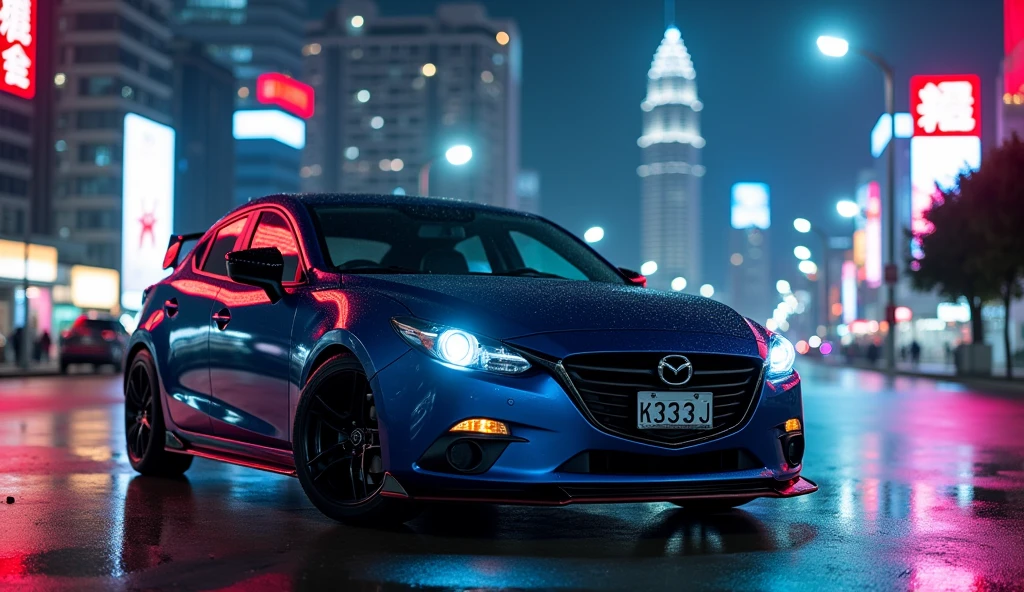2015 mazda 3 ，Samurai Blue，License plate 3323 ，Modified cars，KLCC Malaysia，cyperpunk ，Hit the horizontal，Science Fiction ，New black grille，Horror material，Taking photos at night