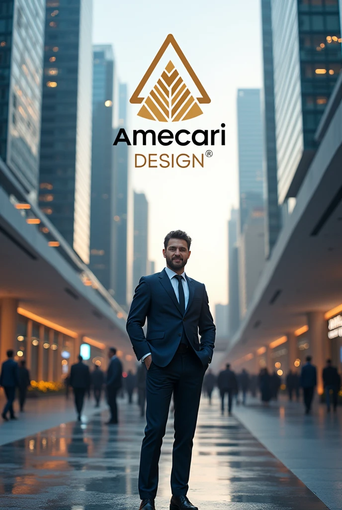 You can create an image for a promotional campaign for a company called Amecari Design. You can make it more sophisticated with an urban setting, but with the Amecari logo. The logo can be in Portuguese and prominent in the image.