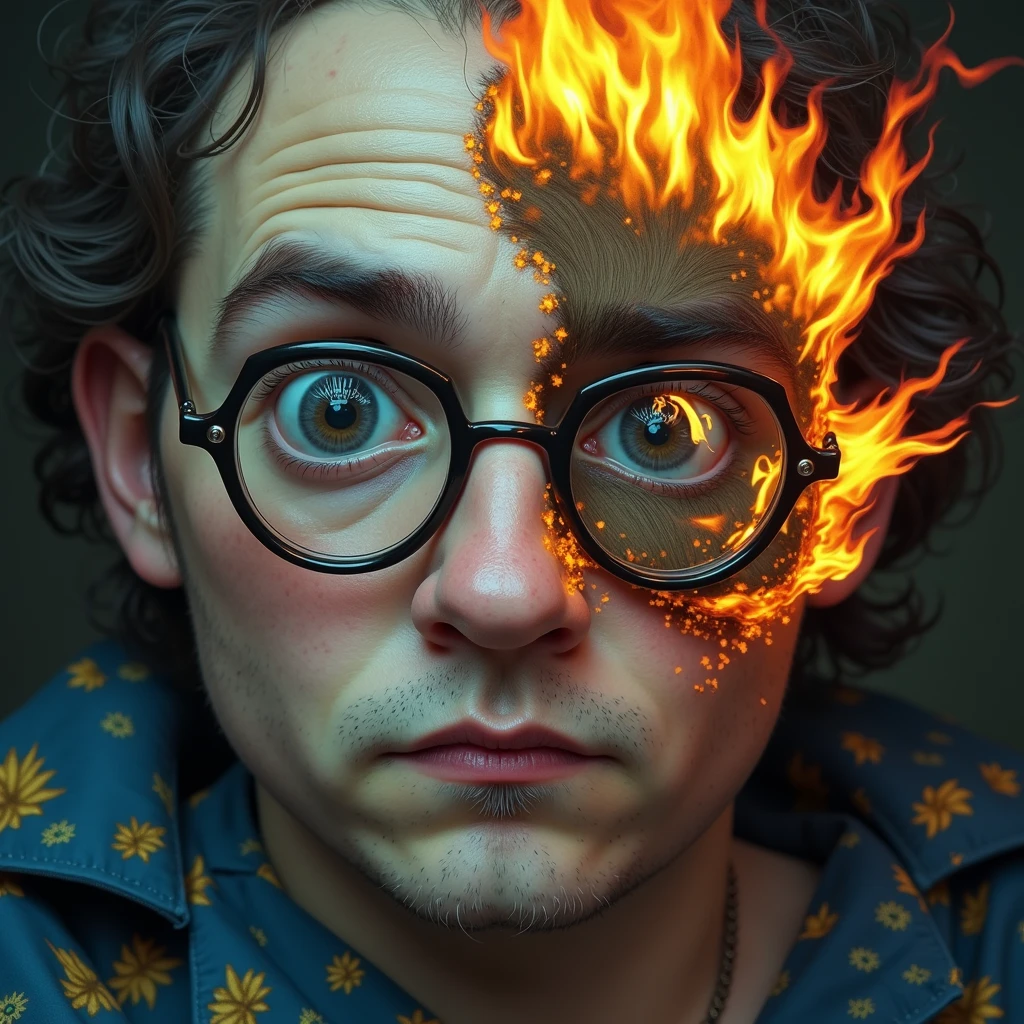 a portly, white-bearded man, spectacles,wear indigo torn pajamas , creates and destroys hands, one eye shedding tears of beauty and light, the other crying flames that incinerate and consume, representing the dual forces of creation and destruction. Settings: Ultra-detailed , realistic photography concept art, dynamic movement pose ,hug a chubby corgi