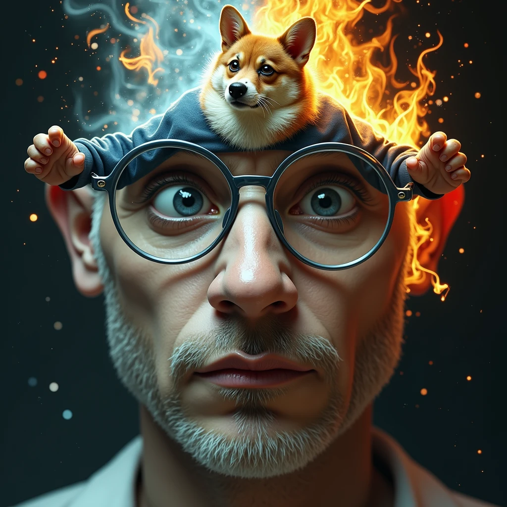a portly, white-bearded man, spectacles,wear indigo torn pajamas , creates and destroys hands, one eye shedding tears of beauty and light, the other crying flames that incinerate and consume, representing the dual forces of creation and destruction. Settings: Ultra-detailed , realistic photography concept art, dynamic movement pose ,hug a chubby corgi