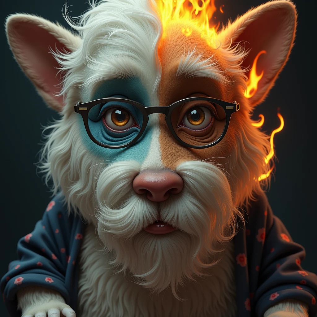 a portly, white-bearded man, spectacles,wear indigo torn pajamas , creates and destroys hands, one eye shedding tears of beauty and light, the other crying flames that incinerate and consume, representing the dual forces of creation and destruction. Settings: Ultra-detailed , realistic photography concept art, dynamic movement pose ,hug a chubby corgi
