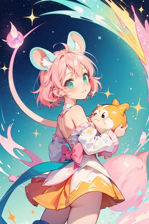 Chedda is a white girl mouse with orange, pink, green, and blue star markings all over , pink ears, a blue tail, and pink cheeks. SPARKLE; GLITTER.