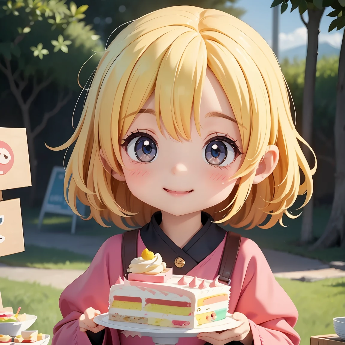 Super Chibi Character：1.8、Blonde Hair、Cute 7 year old girl、Random cute outfits、Super Chibi Character：1.8、smile、Super Smile、Eating cake、Eating cake、Eating cake