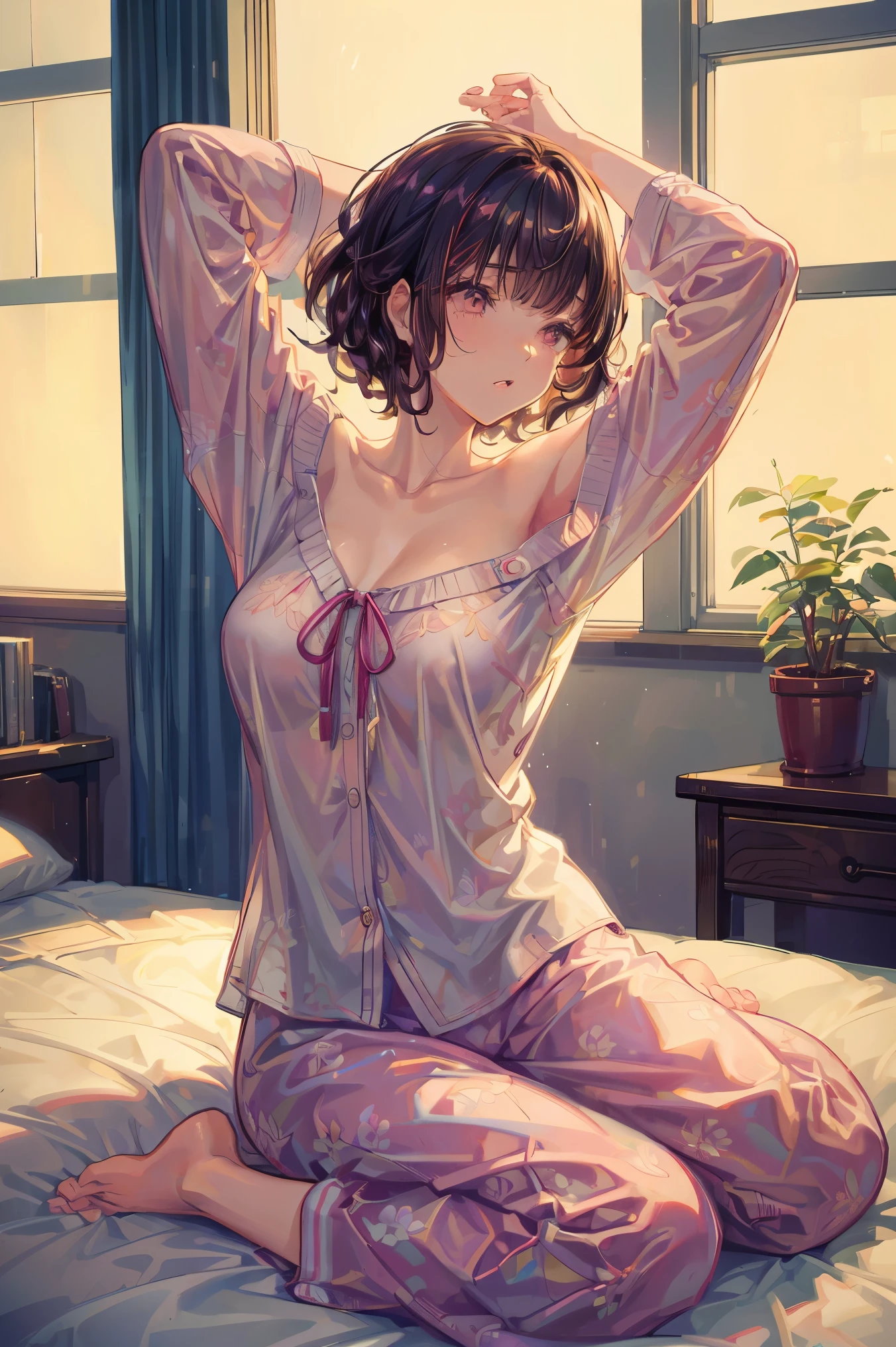 (mastepiece:1.2), detailed fingers, beautiful woman, sitting on bed, wearing loose off-shoulder top, pajama pants, short curly hair, indoors, soft lighting, plants in background, window with sunlight, cozy room, relaxed pose, intricate details, warm colors, Japanese high school girl, Stretch her arms up, yawn loudly