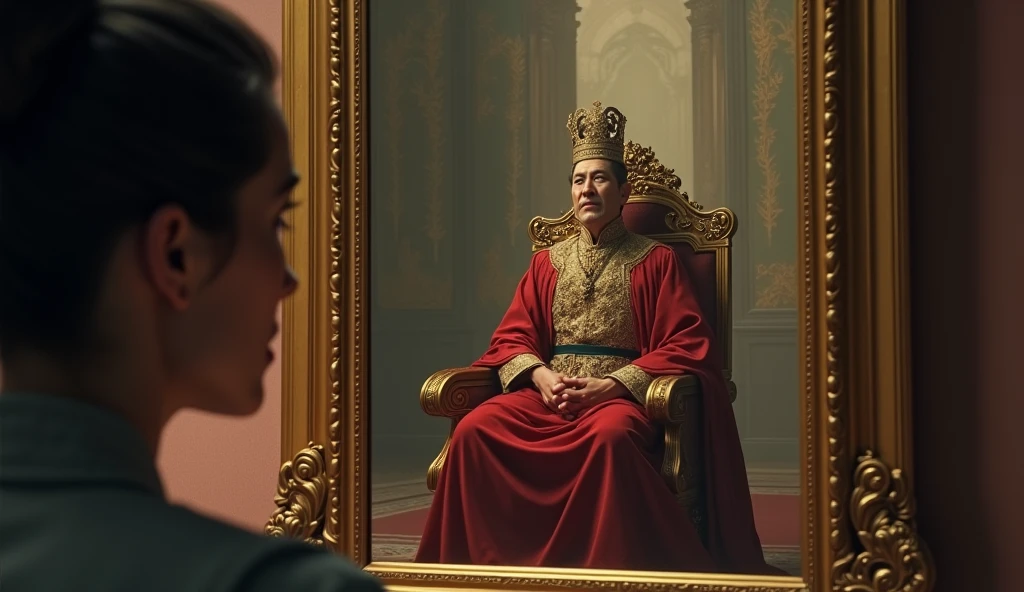 30 year old woman looking in the mirror and seeing in the reflection the image of a man sitting on a golden throne, referring to the figure of a powerful emperor, convey depth