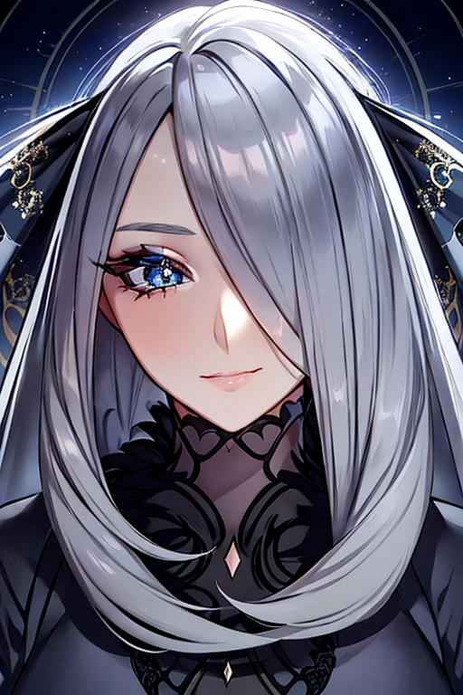 beautiful detailed eyes, beautiful detailed lips, extremely detailed eyes and face, long eyelashes, 1 woman, blue grey hair, formal clothing, grey eyes, highly detailed, photorealistic, 8k, masterpiece, cinematic lighting, elegant, intricate details, hyper realistic, dramatic lighting, fantasy