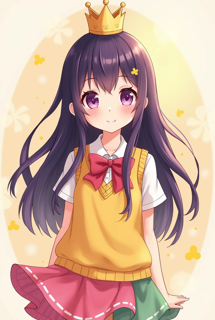 (drawing style) a girl with long dark purple hair and purple eyes wearing a yellow school vest with a pink and green skirt cute soft cheerful with a crown