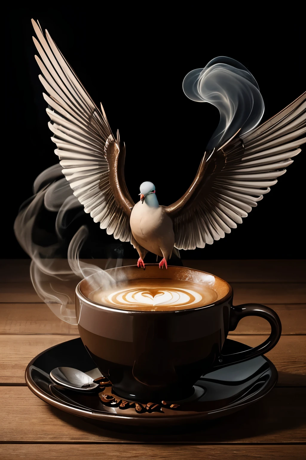 **Wonderful digital painting of a cup of coffee on a wooden surface against a very black and shiny dark background. Steam rises from the cup, artistically forming the figure of a dove with detailed morphological features and outstretched wings. The steam dove appears to be blowing in flight, creating a whimsical and surreal effect. The coffee cup is made of clear glass with a handle, placed on a white saucer. The overall composition is centered, with the steam dove as the focal point, blending seamlessly with the steam emanating from the coffee.**