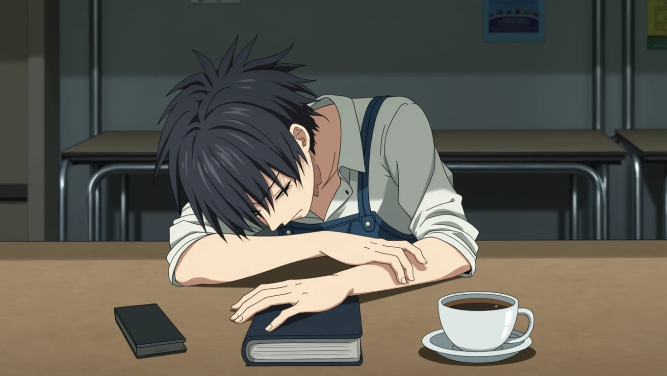 Anime image of a boy with a white shirt and a strap of blue overall sitting at a table with a cell phone, the image depicts a young man sitting at a desk with a notebook black, a phone, and a cup of coffee. The man is leaning on his elbow and has his head in his hands, appearing to be tired or frustrated. The background of the image features a plain, grey wall with furniture and posters.