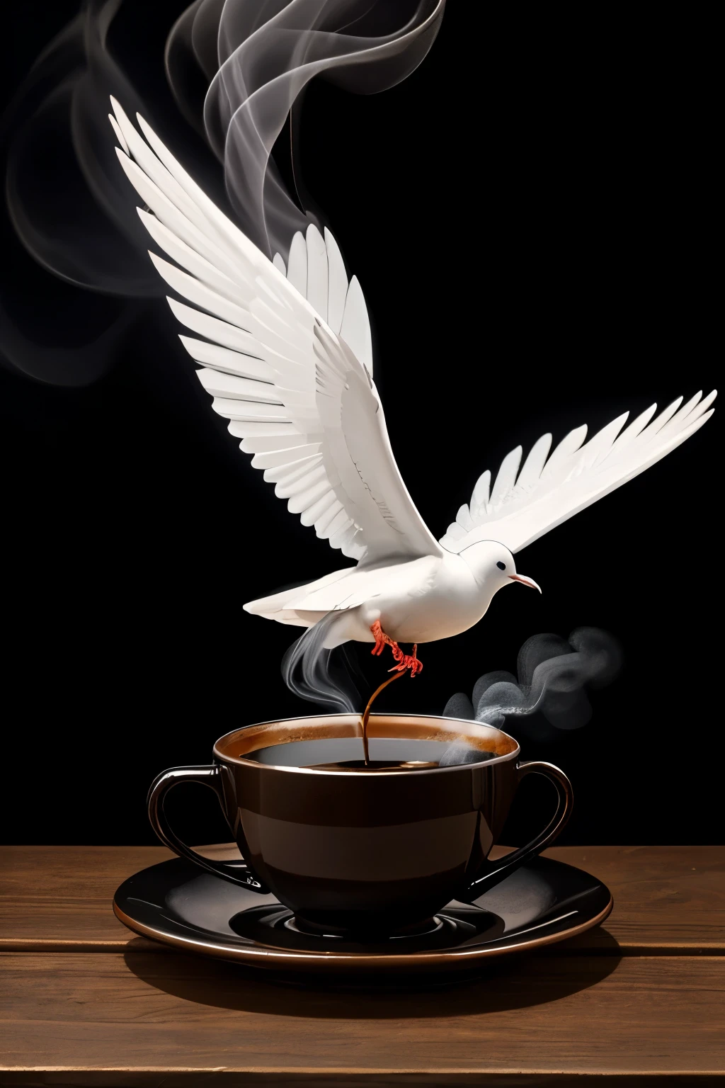 **Wonderful digital painting of a cup of coffee on a wooden surface against a very black and shiny dark background. Steam rises from the cup, artistically forming the figure of a dove with detailed morphological features and outstretched wings. The steam dove appears to be blowing in flight, creating a whimsical and surreal effect. The coffee cup is made of clear glass with a handle, placed on a white saucer. The overall composition is centered, with the steam dove as the focal point, blending seamlessly with the steam emanating from the coffee.**